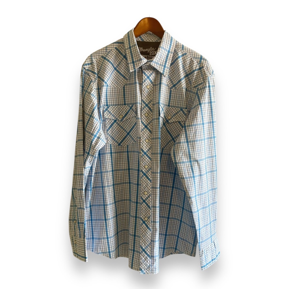 Wrangler‎ 20X Competition Mens Blue White Plaid Western Snap Shirt Comfort Large